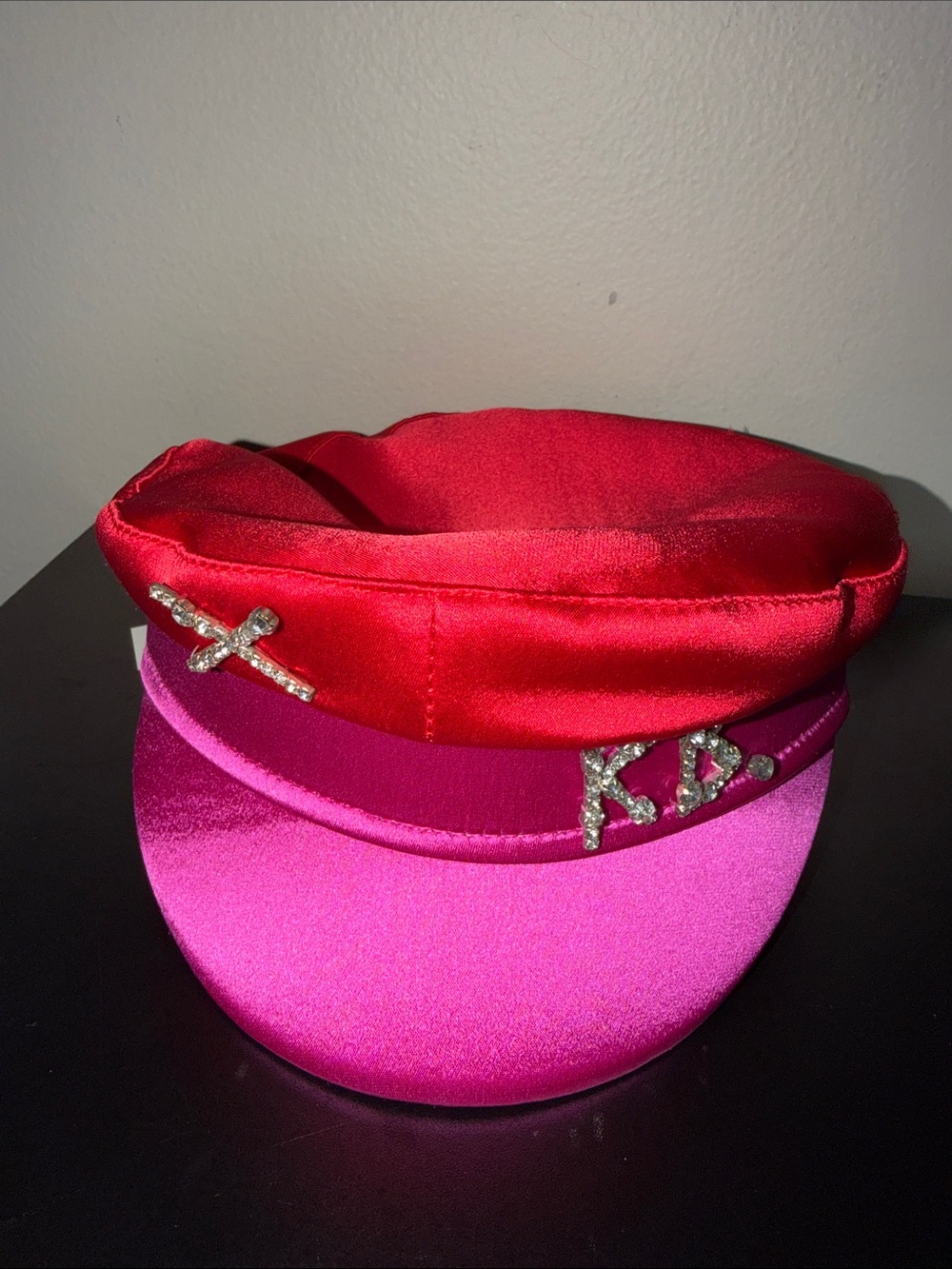 Satin Two-Tone Red and Hot Pink Visor Cap with Crystal Accents